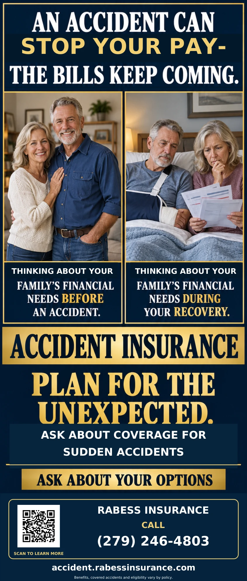 Rabess accident insurance banner: a happy couple before an accident and the same couple managing bills during recovery